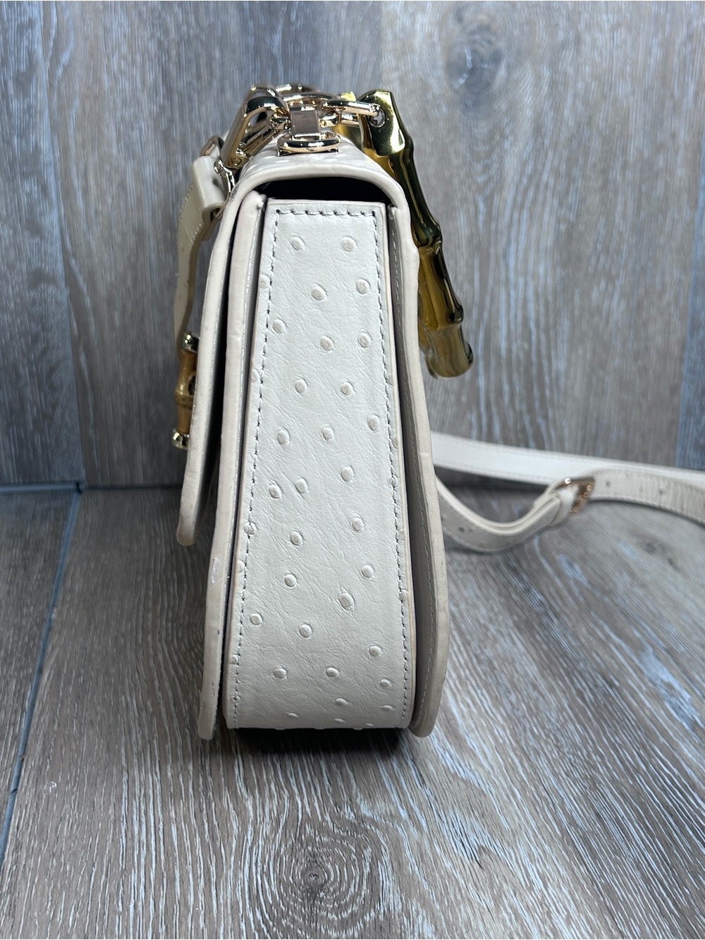 Sharif Legacy Cream Ostrich Lambskin Leather Bamboo Handle Satchel w/Dustbag NWT - Picture 4 of 16
